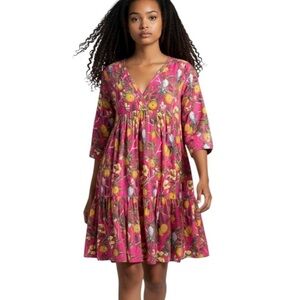Roller Rabbit Pink Tropical Floral Tiered Babydoll Dress Small Forest Fairy